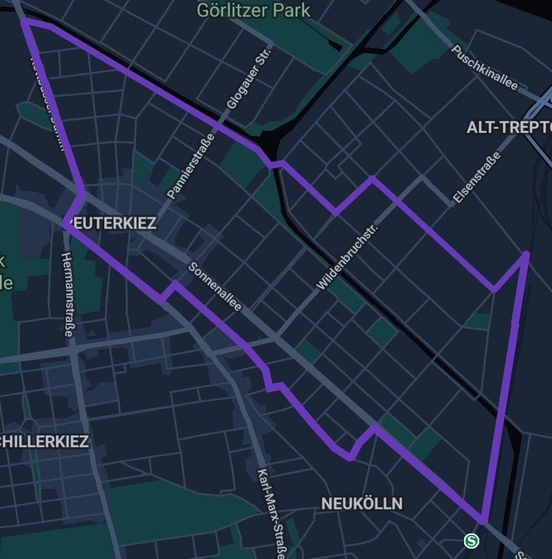 Google-Maps Karte aus der der Wahlkreis Neukölln 1 in lila eingezeichnet ist. Mit Klick gelangst du zur Karte in Google Maps.